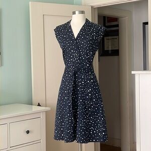 Ann Taylor navy blue/ white spotted dress, size 4, side zip, inner hip pockets